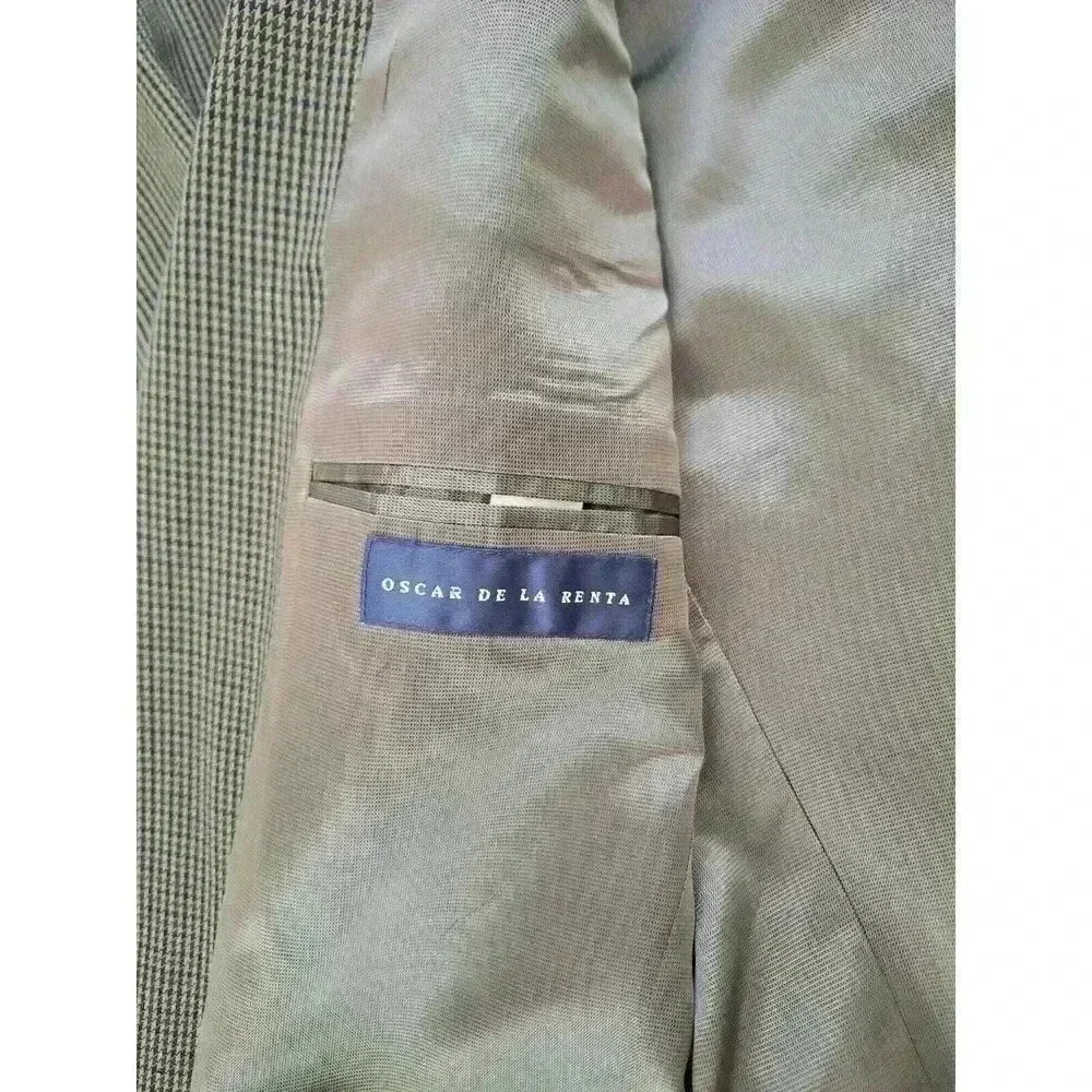 Oscar‎ de la Renta Mens 42R Houndstooth Wool Blazer Brown Tan Sport Coat 3087